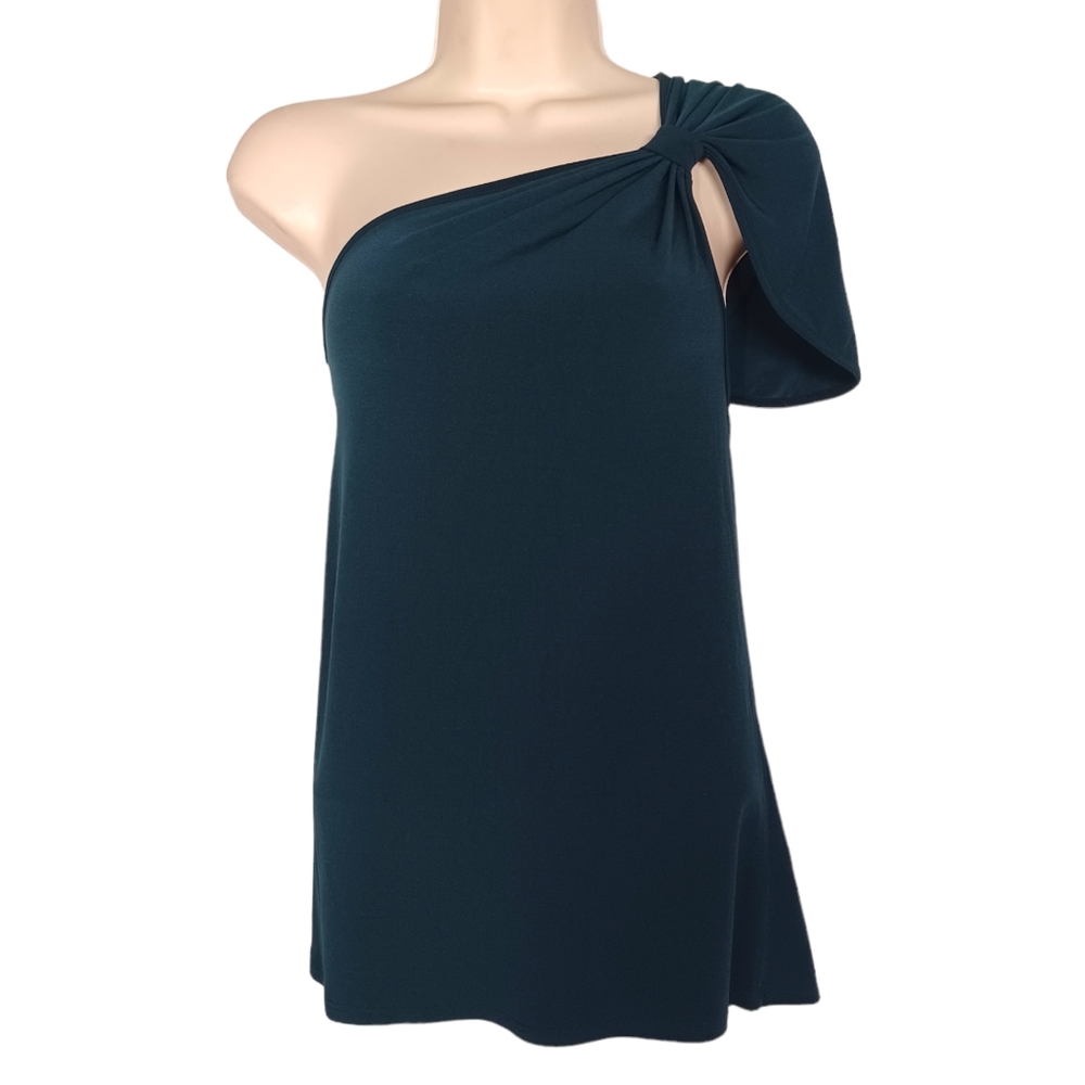 MISS TINA KNOWLES Dark Teal One Shoulder Flutter Sleeve Stretchy Top Large